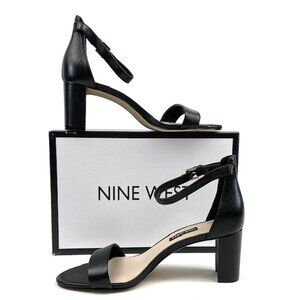 New Nine West Pruce Black Leather Block Heel Ankle Strap Sandal, 7.5